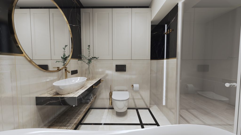 elegancka łazienka modern classic czarno beżowa onyx klasyczna