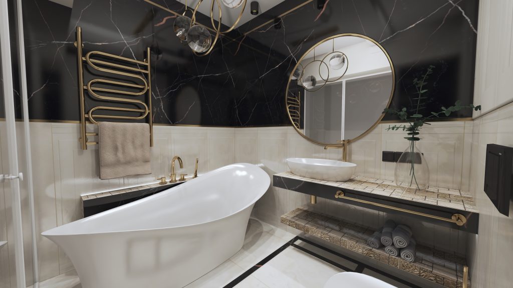elegancka łazienka modern classic czarno beżowa onyx klasyczna