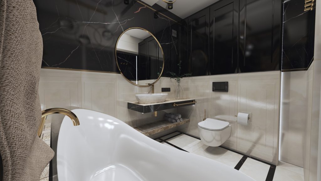 elegancka łazienka modern classic czarno beżowa onyx klasyczna